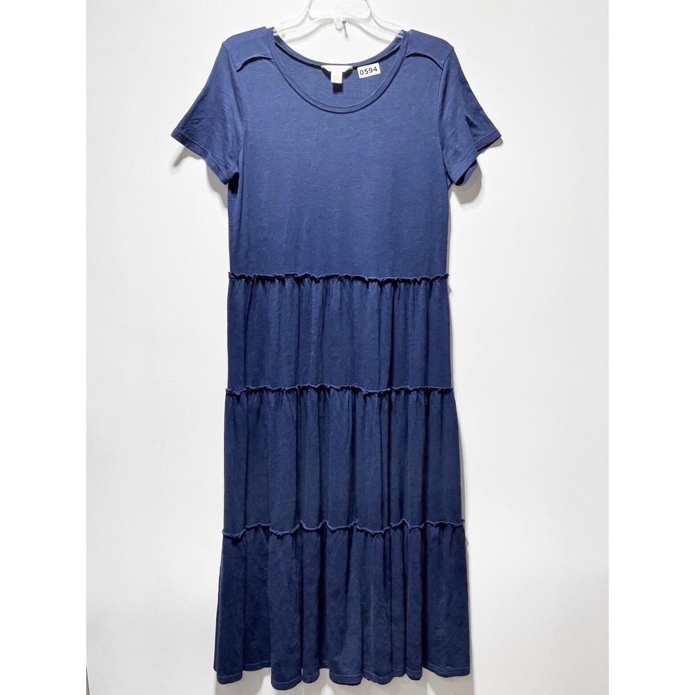 Caslon Norstrom Maxi Dress Women Medium Navy Blue Short Sleeve Tiered Scoop Neck